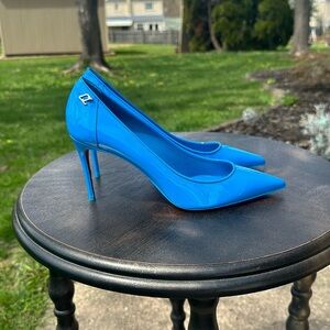 Christian Louboutin Sporty Kate 85 soft patent Alize blue pump heel sz 38 ECNIB